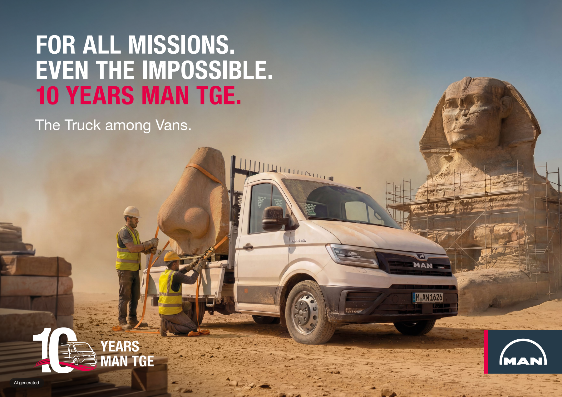 MAN TGE with a loading platform near the sphinx, with the English anniversary text; AI campaign image.