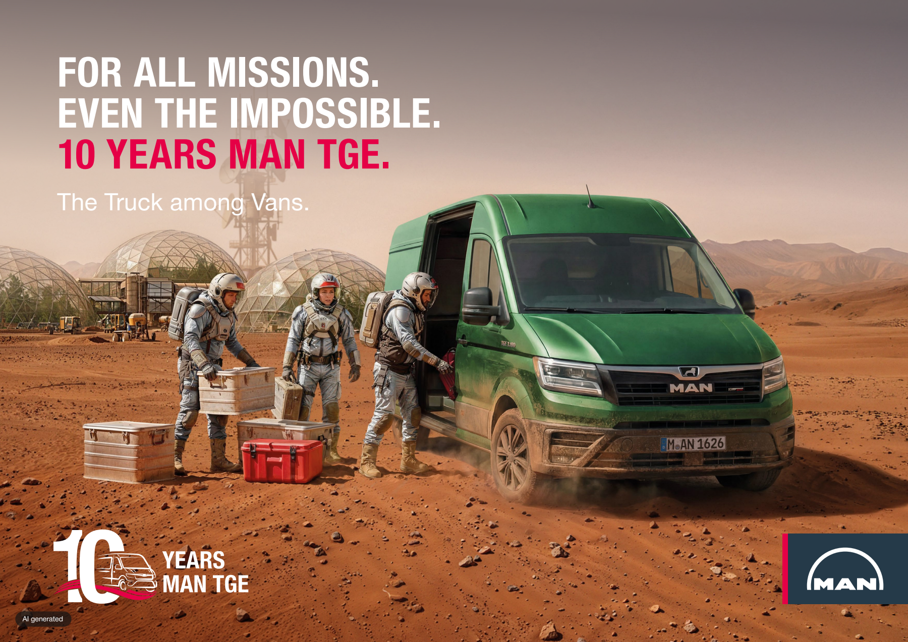 MAN TGE at a fictional Mars base, with the English anniversary text; AI campaign image.