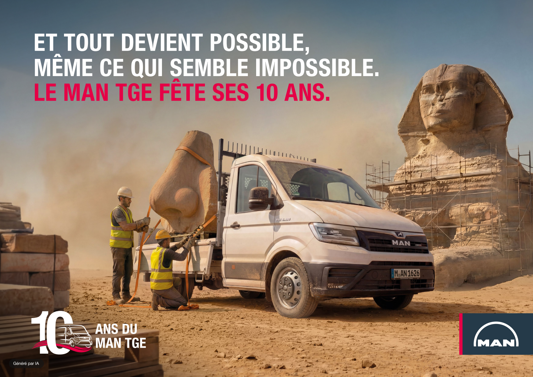 MAN TGE avec plateau près du sphinx, avec le texte anniversaire en français ; visuel de campagne IA.