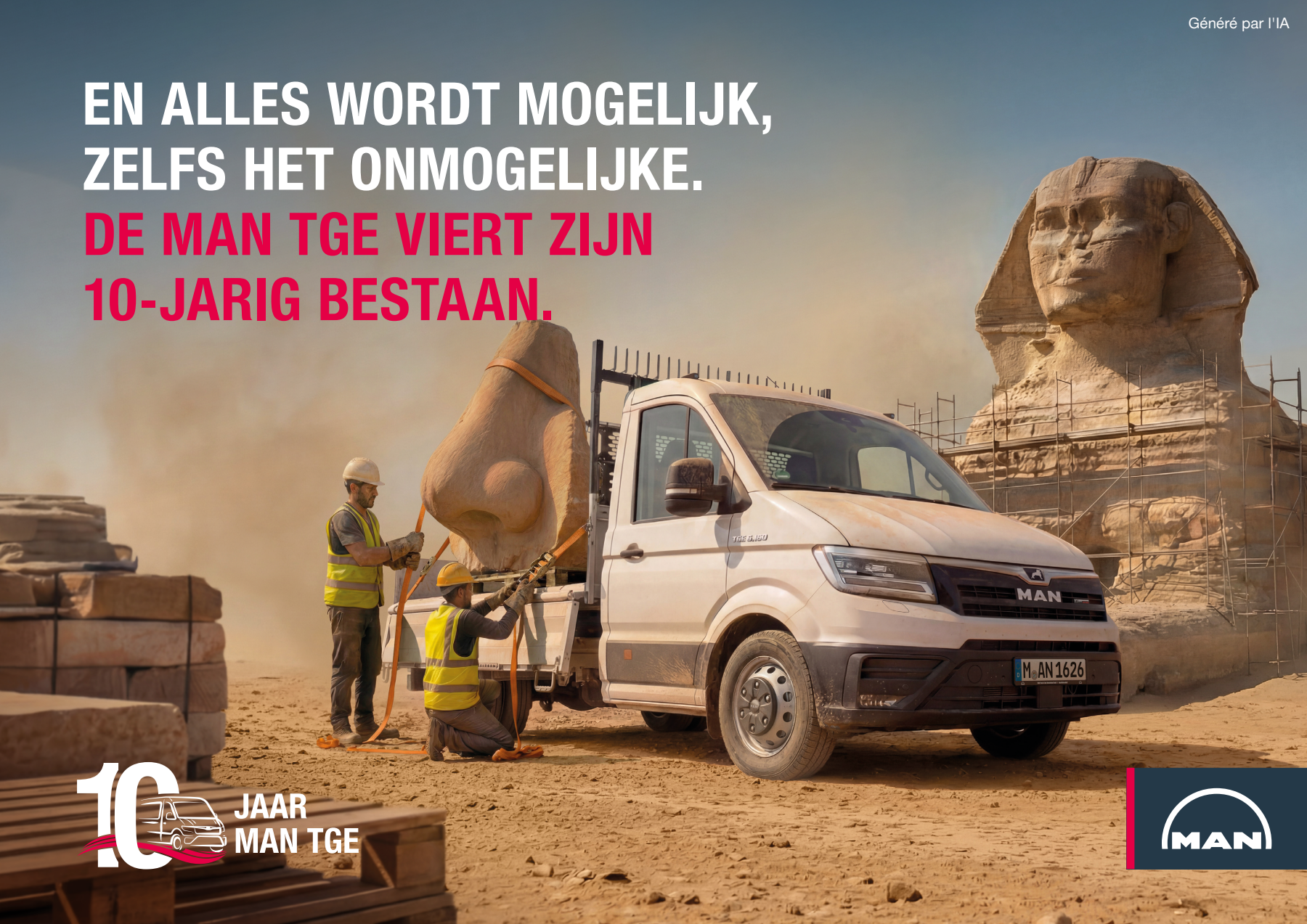 MAN TGE met laadbak bij de sfinx, met de Nederlandse jubileumtekst; AI-campagnebeeld.